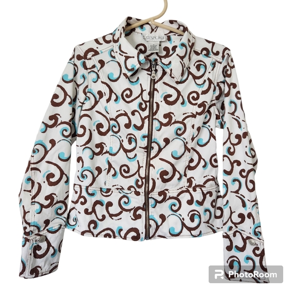C.D.Sport Y2K Vibe Ivory, Chocolate & Turquoise Cropped Tailored Print Jacket M - Picture 2 of 11